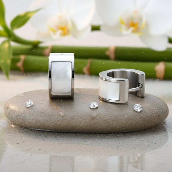 Elegant 18K Gold Plated Huggies Minimalist Earrings Mother of Pearl Inlay - Picture 8 of 10